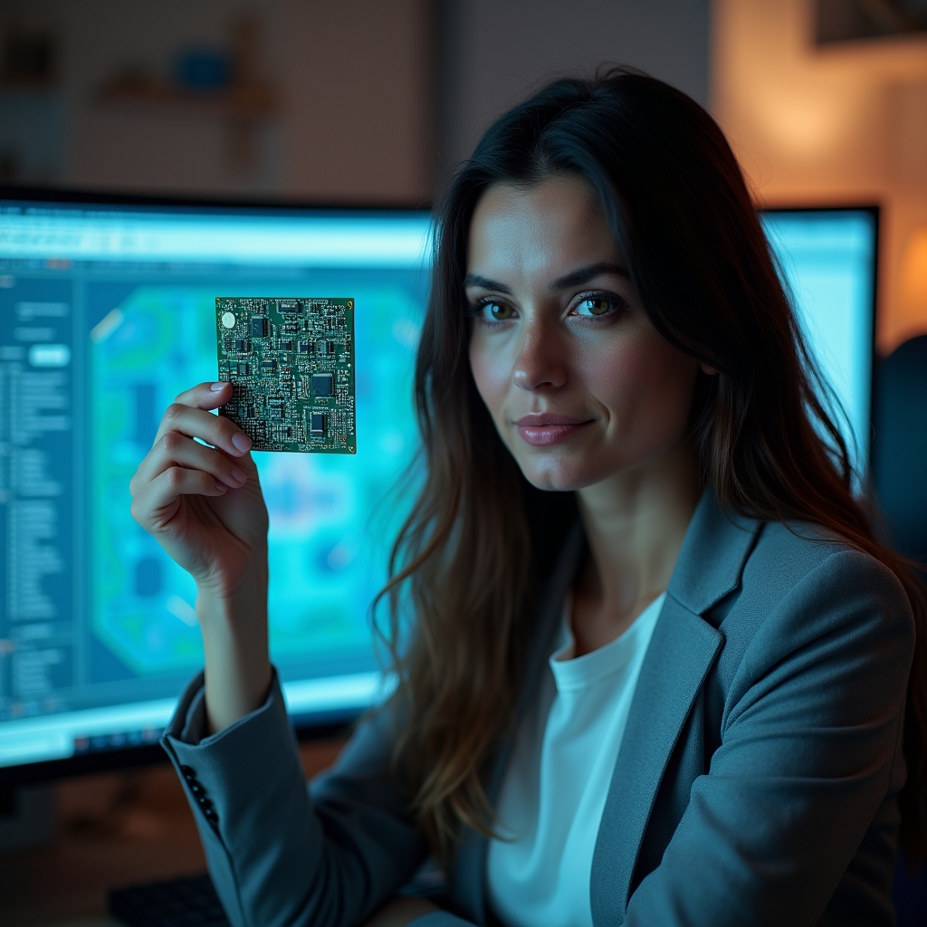 Współpracownik serwisu – projektant PCB przy komputerze z schematami