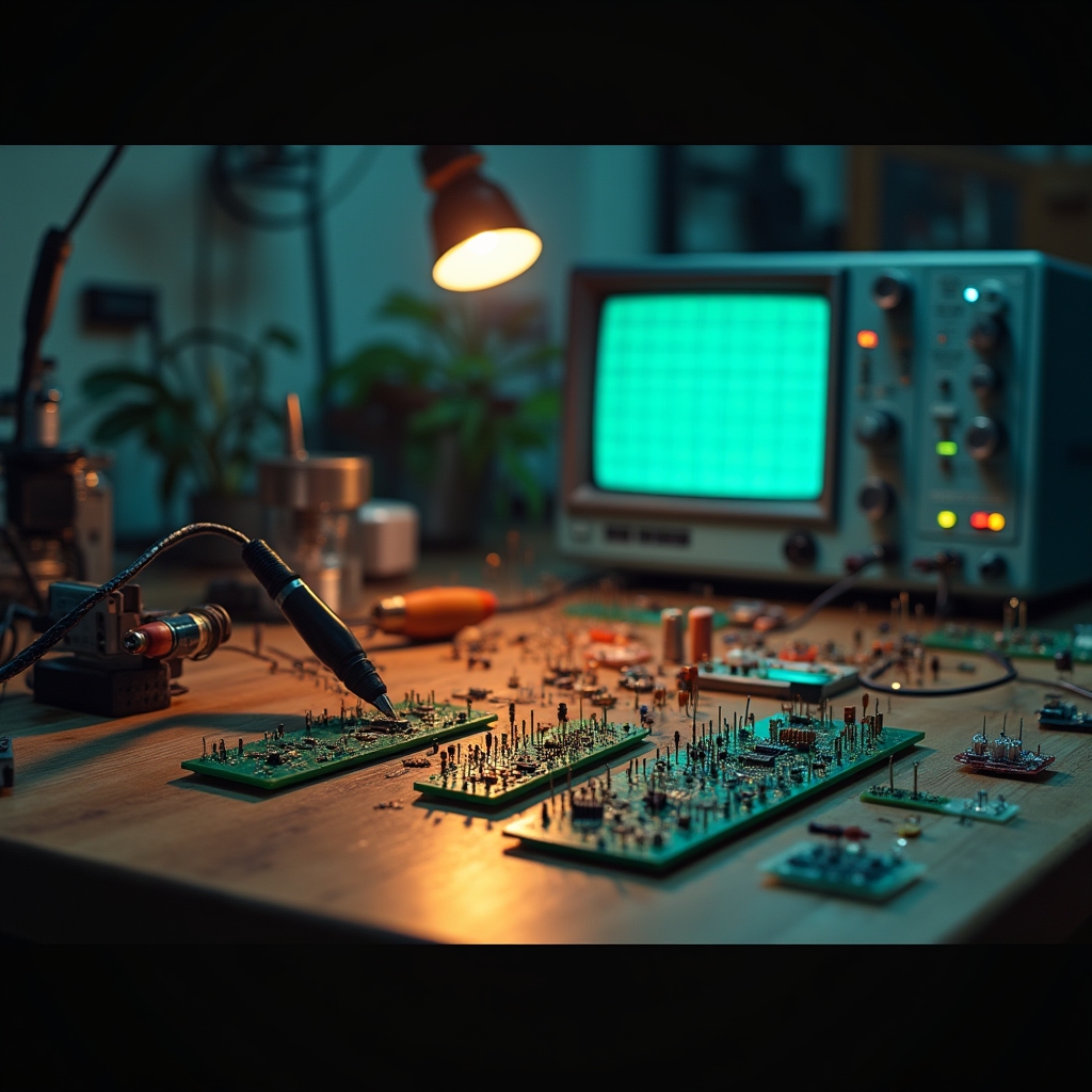 Warsztat elektroniczny z narzędziami i komponentami na stole